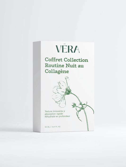 Coffret VERA Collection Routine Nuit au Collagène, packaging blanc minimaliste avec illustration florale verte, fond clair.