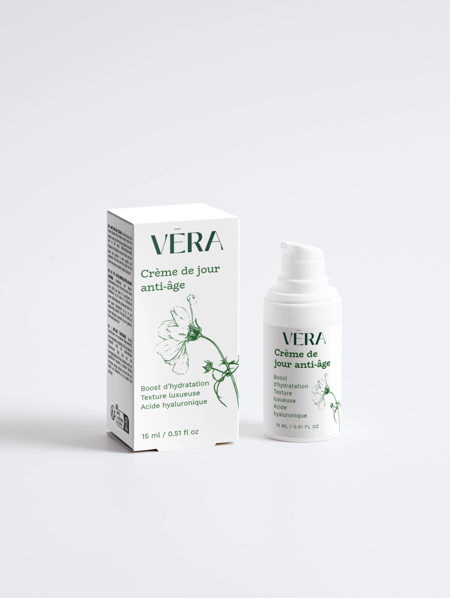 Crème de jour anti-âge Vera avec flacon pompe et étui, soin visage hydratant à l’acide hyaluronique.