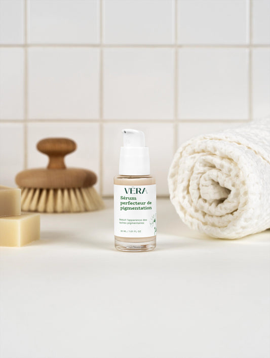 Sérum anti-taches VERA dans une routine soin visage, améliore l’éclat et l’uniformité de la peau