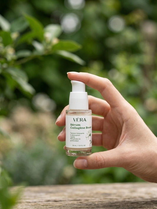 Sérum collagène boost VERA tenu en main, soin visage hydratant et repulpant pour une peau revitalisée