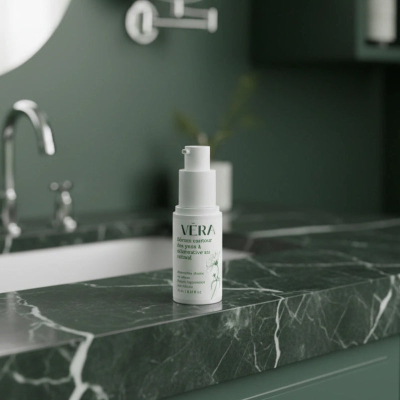 Sérum contour des yeux VERA, alternative au rétinol, posé sur un plan vasque en marbre dans une salle de bain.