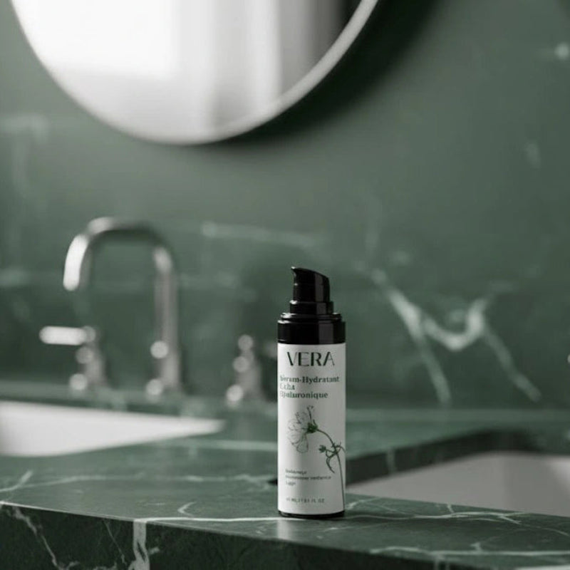 Sérum hydratant VERA à l’acide hyaluronique sur un plan vasque en marbre vert, avec robinet et miroir flous en arrière-plan.