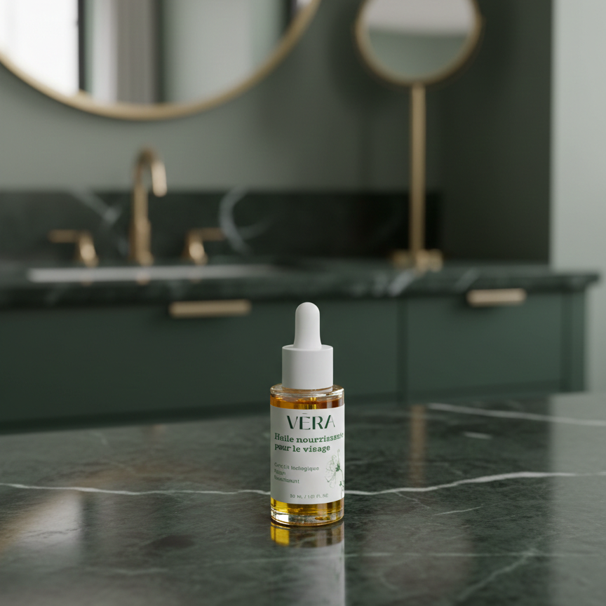 Flacon compte-gouttes VERA Huile nourrissante pour le visage sur fond vert dégradé.