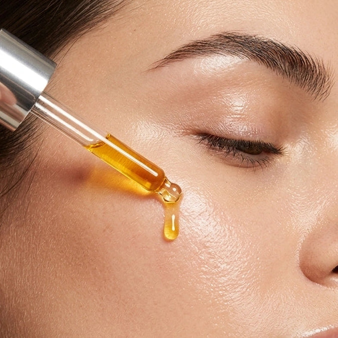 Application d'un sérum visage anti-âge VERA à l'alternative naturelle au rétinol sur la peau avec une pipette, pour hydrater, lisser les ridules et révéler un teint éclatant.