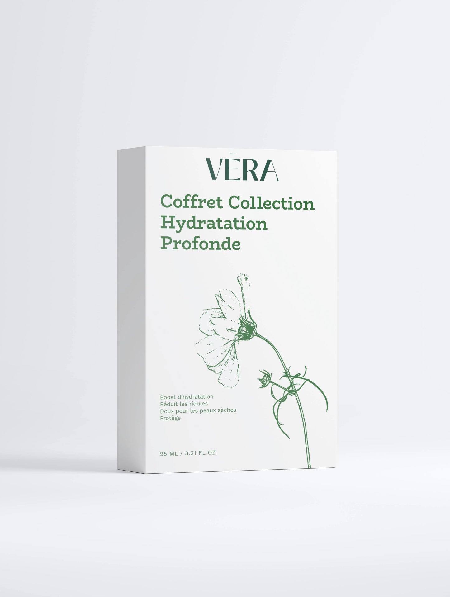 Coffret VERA Hydratation Profonde, soins visage hydratants pro-âge, packaging minimaliste blanc et vert.