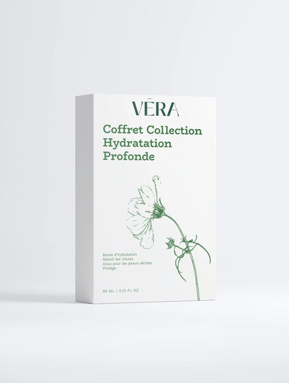 Coffret VERA Hydratation Profonde, soins visage hydratants pro-âge, packaging minimaliste blanc et vert.