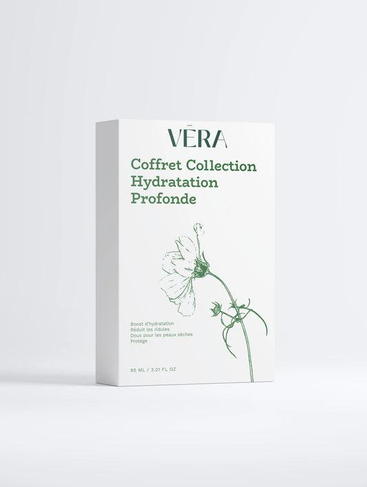 Coffret VERA Hydratation Profonde, soins visage hydratants pro-âge, packaging minimaliste blanc et vert.
