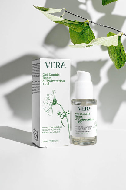 Gel Double Boost d’Hydratation + AH VERA, soin hydratant visage à l’acide hyaluronique, flacon et étui.