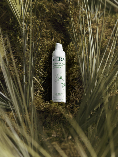Crème de nuit anti-âge au collagène VERA, flacon blanc placé dans une mise en scène végétale naturelle.