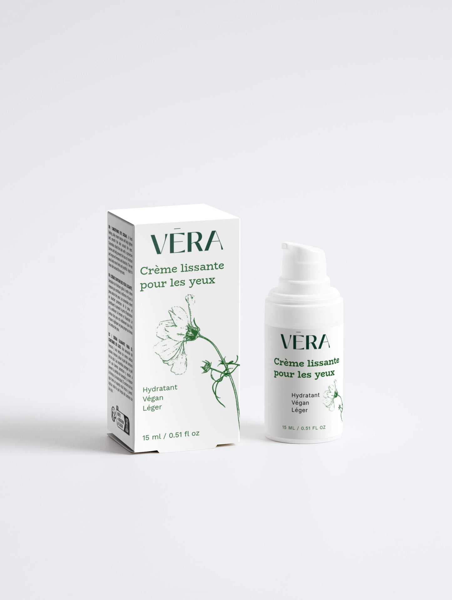 Crème lissante pour les yeux VERA avec flacon pompe et boîte, soin contour des yeux hydratant et léger.