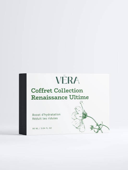 Coffret VERA Renaissance Ultime, routine de soins visage pro-âge, packaging premium blanc et noir.