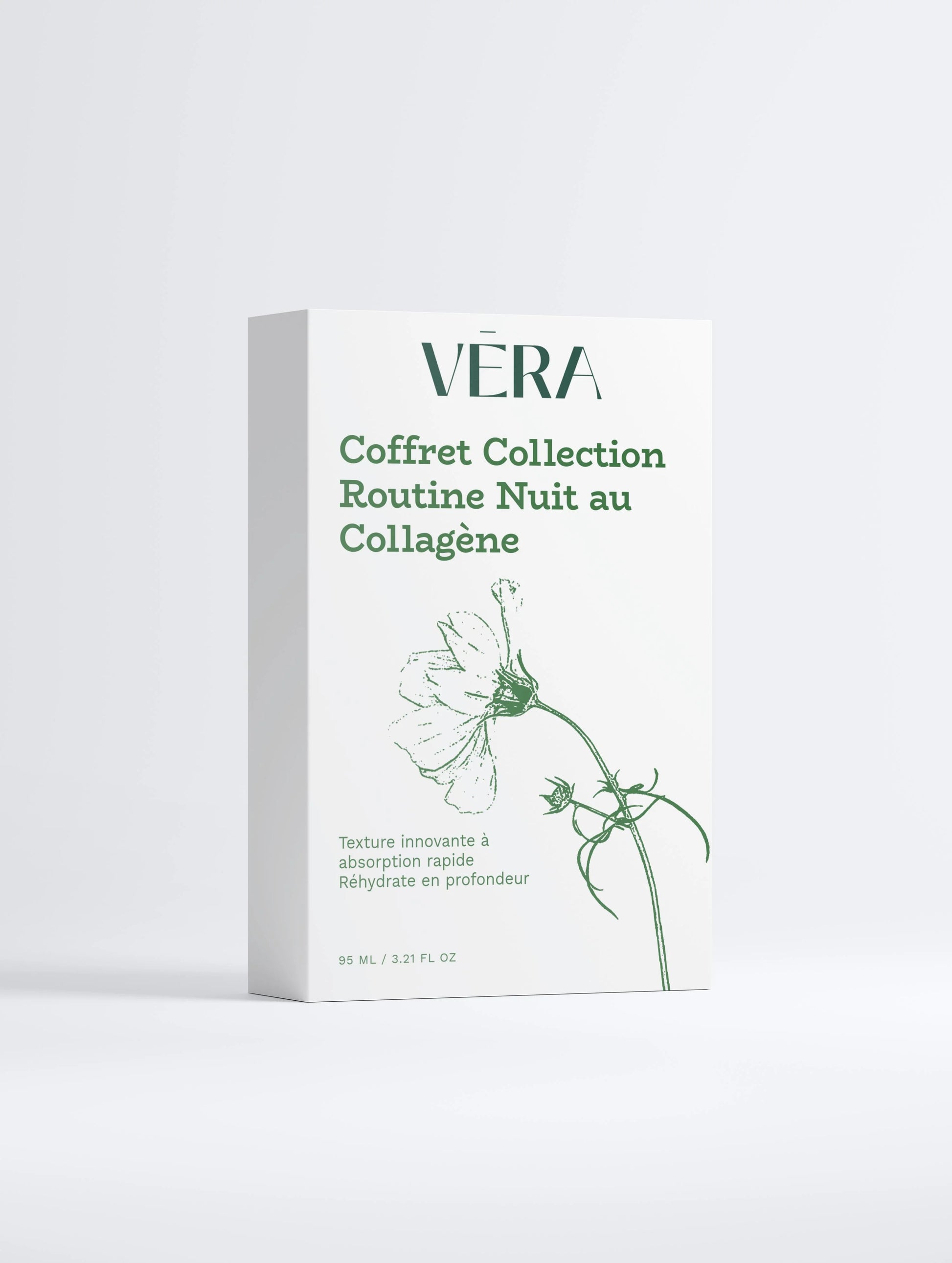 Coffret VERA Collection Routine Nuit au Collagène, packaging blanc minimaliste avec illustration florale verte, fond clair.