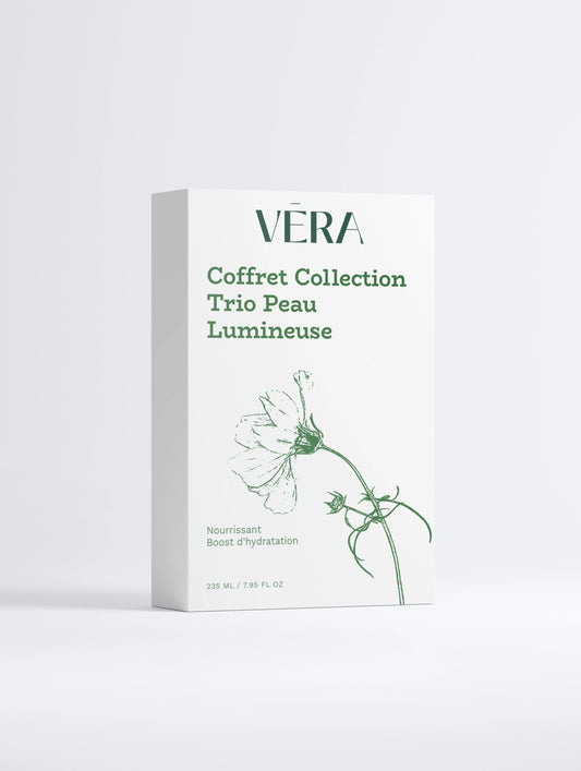 Coffret VERA Trio Peau Lumineuse, soin visage nourrissant et hydratant, packaging blanc minimaliste