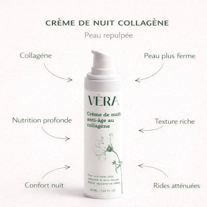 Infographie avec un flacon pompe VERA “Crème de nuit anti-âge au collagène” (50 ml) et les bénéfices “peau repulpée”, “collagène”, “peau plus ferme”, “nutrition profonde”, “texture riche”, “confort nuit” et “rides atténuées”.