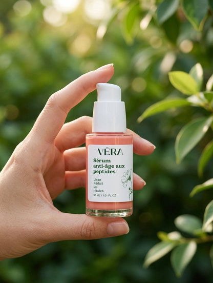Sérum anti-âge VERA aux peptides tenu en main, soin naturel pour une peau plus ferme et lisse