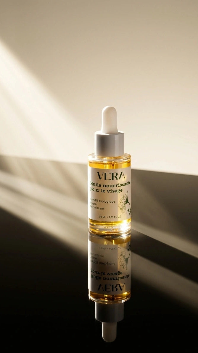 Huile nourrissante visage VERA présentée dans un décor lumineux avec un reflet élégant, illustrant un soin naturel conçu pour nourrir, protéger et révéler l'éclat de la peau.