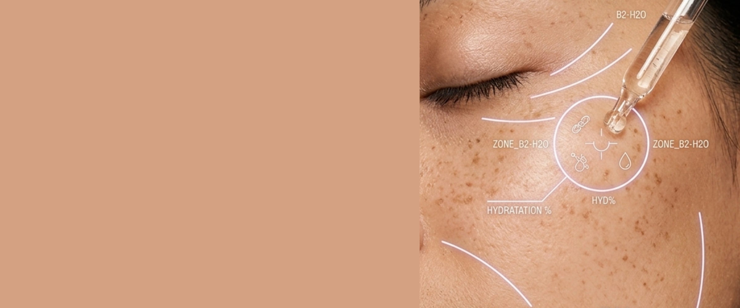 Application d'un sérum visage VERA avec une pipette sur la joue, accompagnée d'une visualisation de l'hydratation et de l'analyse de la peau illustrant une technologie de soin anti-âge avancée.
