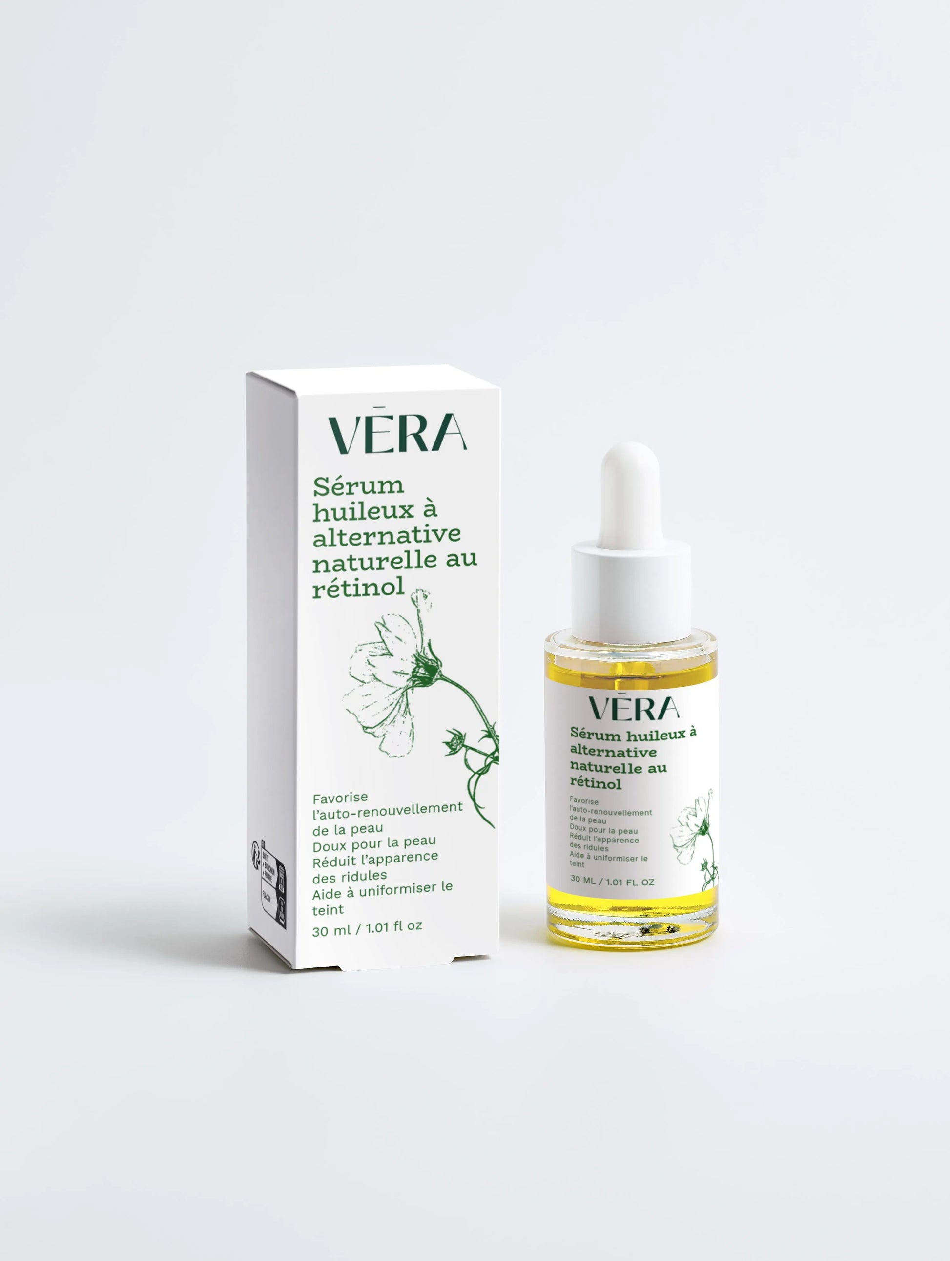 Sérum huileux alternative naturelle au rétinol Vera avec flacon et étui, soin visage anti-âge doux pour améliorer l’éclat et la texture de la peau.
