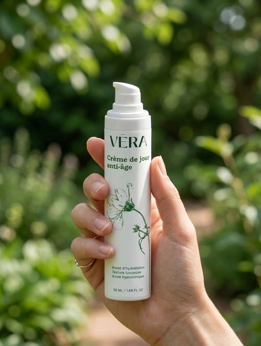 Crème de jour anti-âge VERA tenue en main, soin hydratant visage pour une peau lissée et protégée