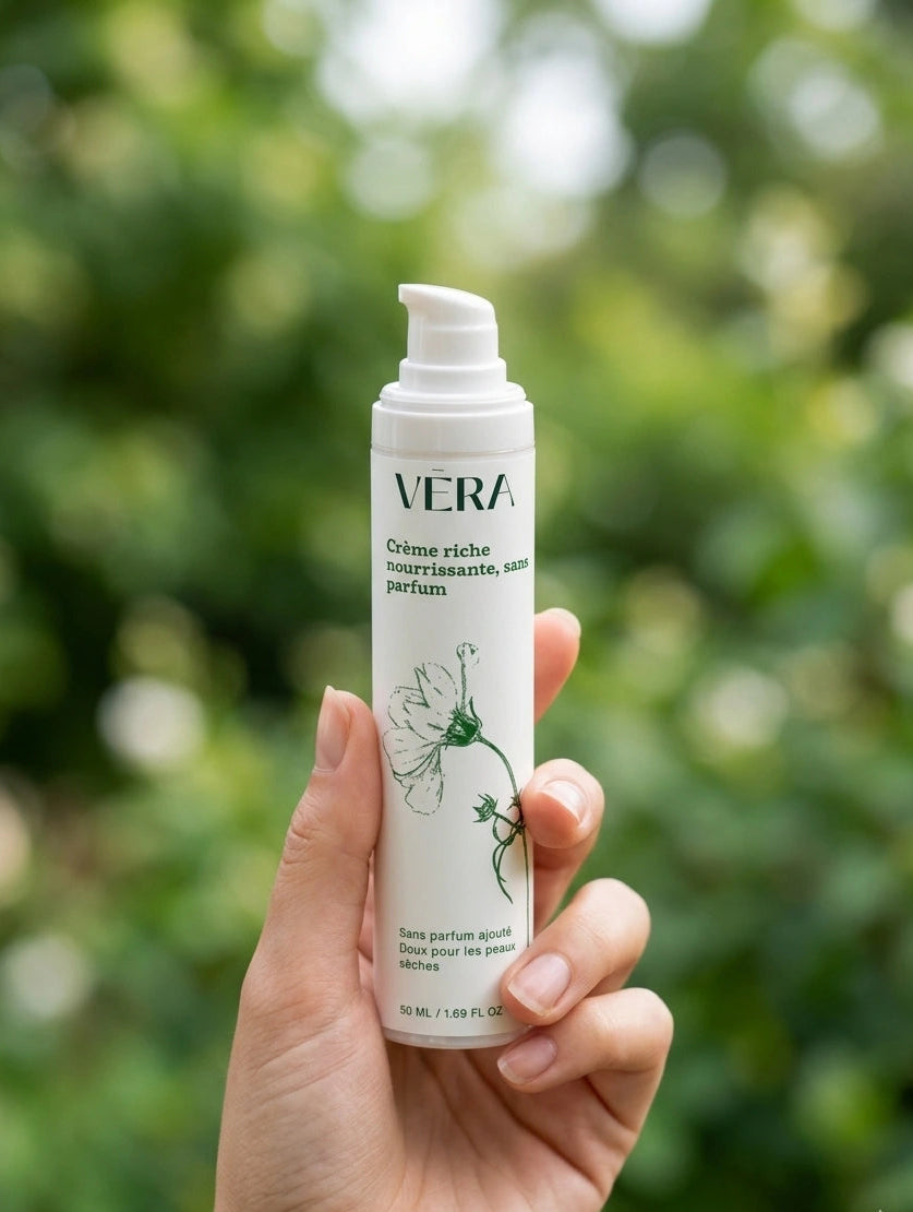 Crème riche VERA sans parfum tenue en main, soin visage pour peau sensible et sèche avec effet nourrissant
