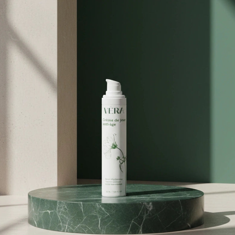 Flacon pompe de la crème de jour anti-âge VERA posé sur un socle en marbre vert, fond vert.