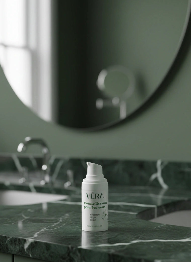 Flacon de crème lissante pour les yeux VERA posé sur un plan de salle de bain en marbre vert, avec miroir en arrière-plan