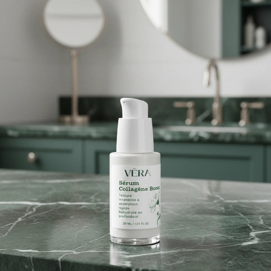 Flacon du sérum Collagène Boost VERA posé sur un plan de salle de bain en marbre vert, avec miroir en arrière-plan.