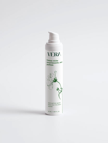 Crème visage riche sans parfum VERA pour peau sèche, soin hydratant intense et réparateur