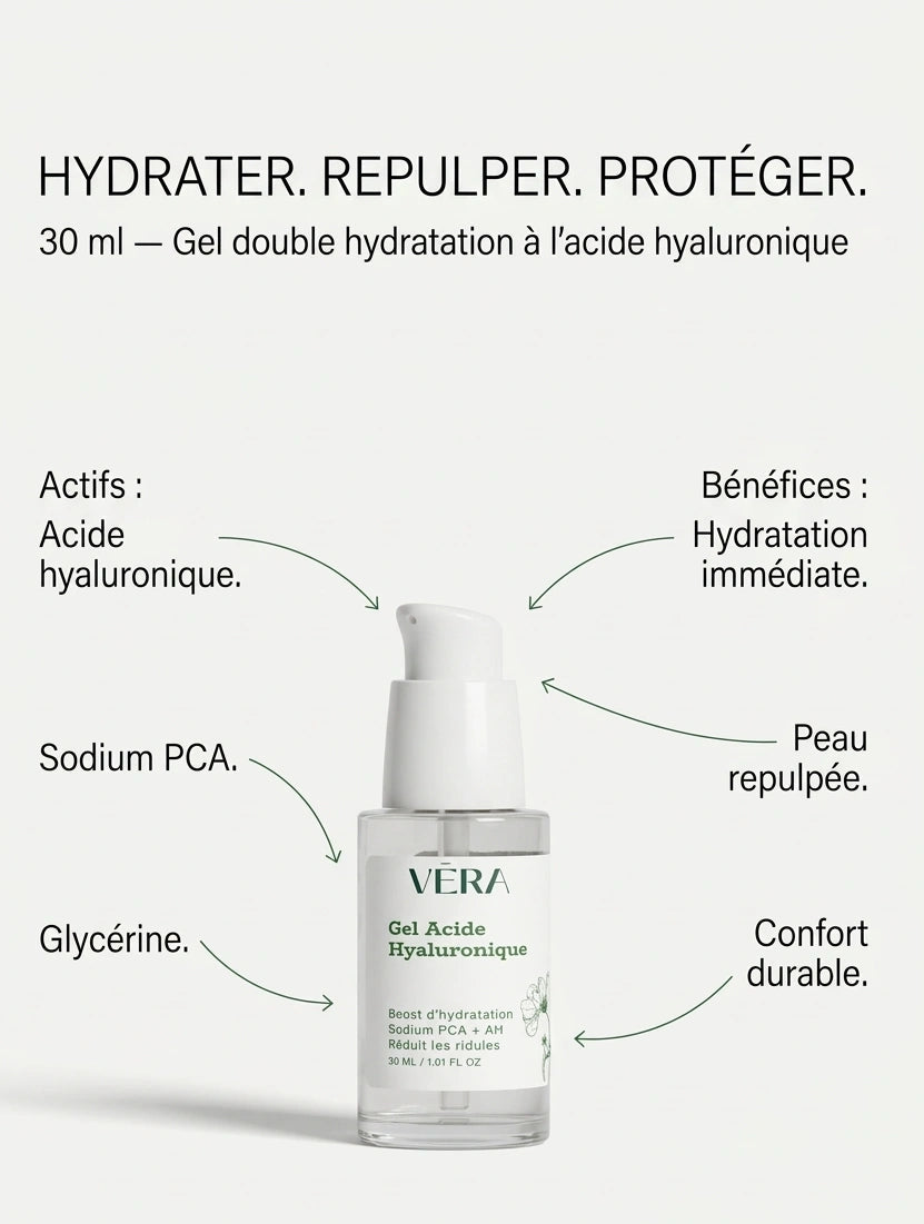 Gel acide hyaluronique VERA double hydratation, repulpe la peau et apporte un confort durable