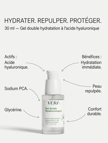 Gel acide hyaluronique VERA double hydratation, repulpe la peau et apporte un confort durable