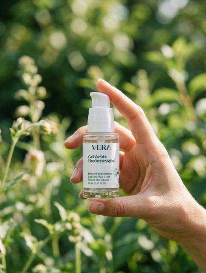 Gel acide hyaluronique VERA tenu en main, soin visage hydratant naturel pour une peau repulpée
