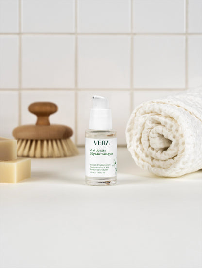 Gel acide hyaluronique VERA dans une routine soin visage, hydrate intensément et améliore le confort