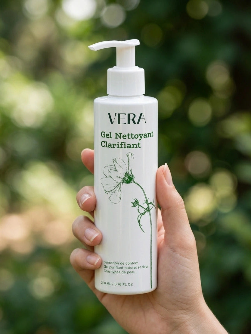 Gel nettoyant clarifiant VERA tenu en main, soin purifiant naturel pour peau mixte à grasse avec excès de sébum