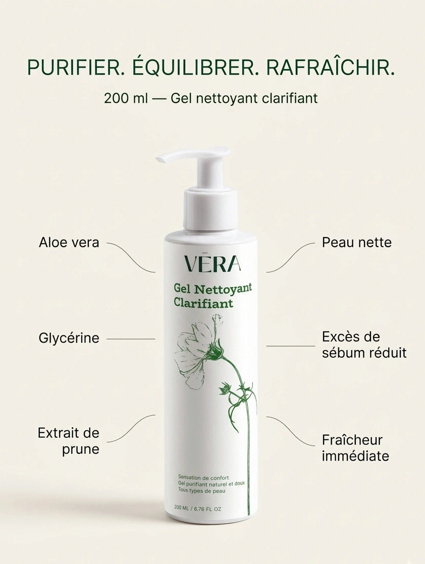 Gel nettoyant clarifiant VERA purifier équilibrer rafraîchir, soin visage pour nettoyer la peau et réduire le sébum