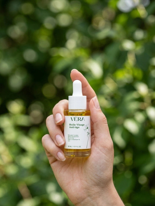 Huile visage anti-âge VERA au bakuchiol tenue en main, soin naturel pour peau mature apportant éclat et fermeté