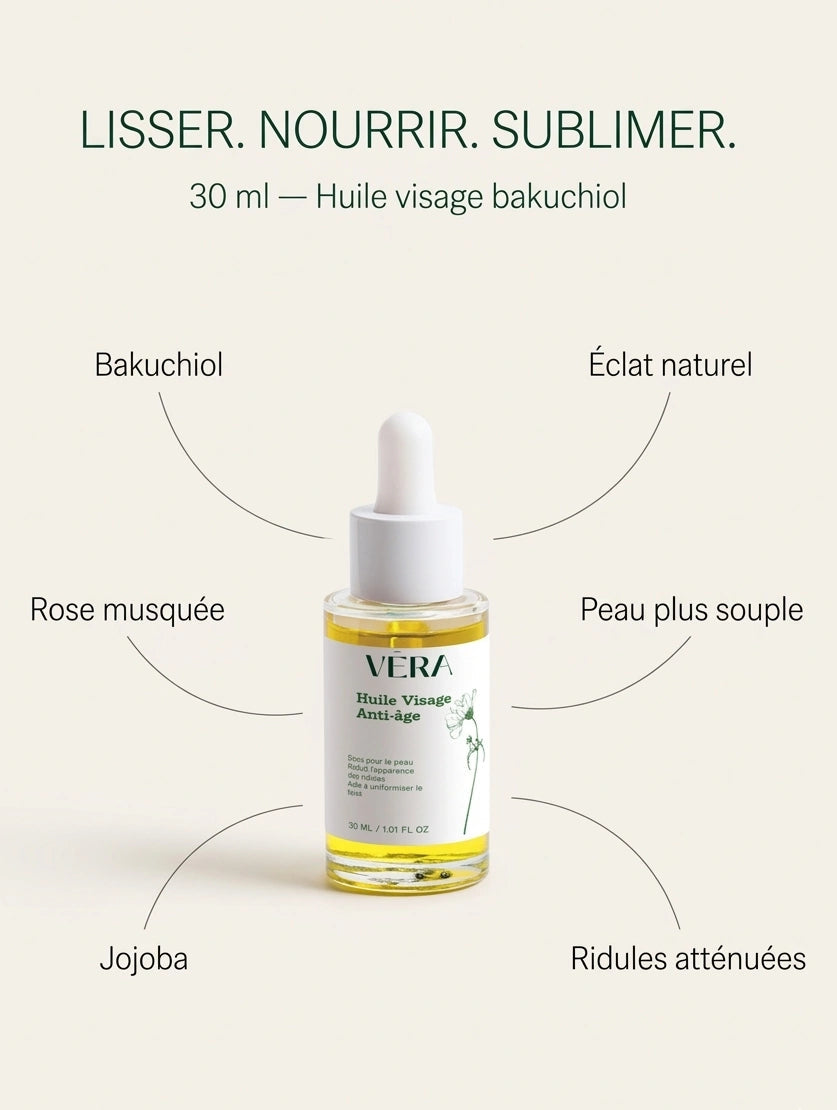 Huile visage bakuchiol VERA lisser nourrir sublimer, soin anti-âge naturel pour réduire les rides et améliorer l’éclat