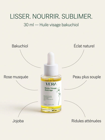 Huile visage bakuchiol VERA lisser nourrir sublimer, soin anti-âge naturel pour réduire les rides et améliorer l’éclat