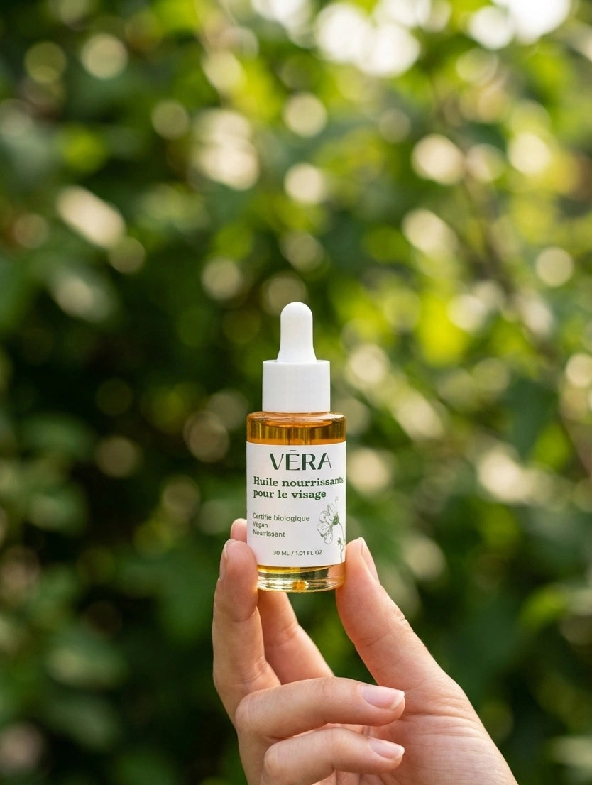 Huile visage nourrissante VERA bio tenue en main, soin naturel pour peau sèche apportant éclat et nutrition