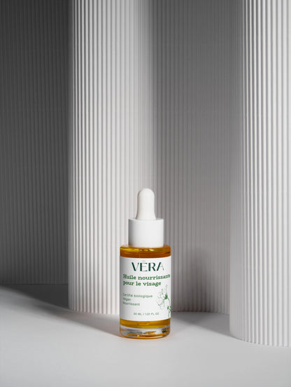 Huile visage nourrissante VERA bio design minimaliste, soin naturel hydratant pour peau sèche et sensible