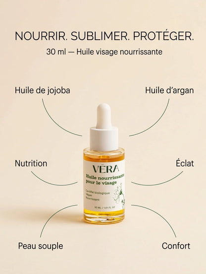 Huile nourrissante visage VERA nourrir sublimer protéger, soin à base d’huiles végétales pour peau douce et éclatante