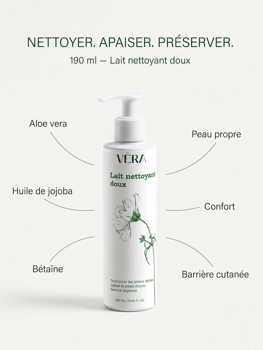 Lait nettoyant doux VERA nettoyer apaiser préserver, soin visage pour peau sèche qui respecte la barrière cutanée