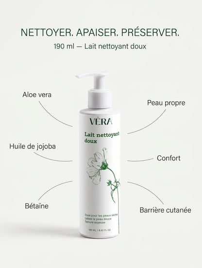 Lait nettoyant doux VERA nettoyer apaiser préserver, soin visage pour peau sèche qui respecte la barrière cutanée