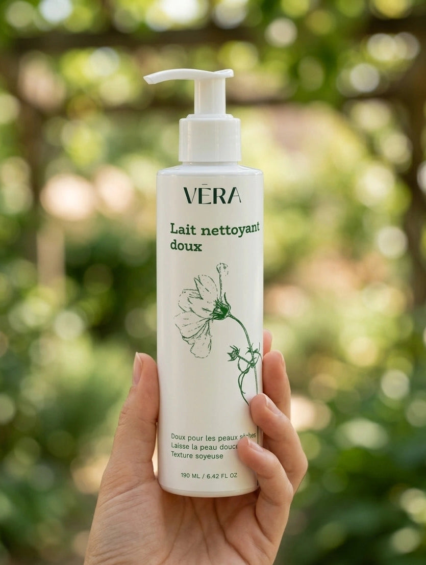 Lait nettoyant doux VERA tenu en main, soin visage pour peau sensible qui nettoie en douceur et hydrate