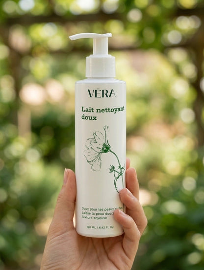 Lait nettoyant doux VERA tenu en main, soin visage pour peau sensible qui nettoie en douceur et hydrate