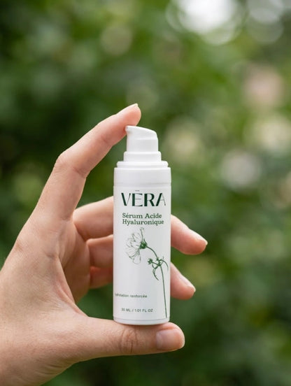 Sérum acide hyaluronique VERA tenu en main, soin hydratant visage naturel et repulpant