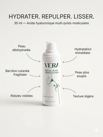 Sérum acide hyaluronique VERA hydratant repulpant visage, améliore texture peau et réduit ridules