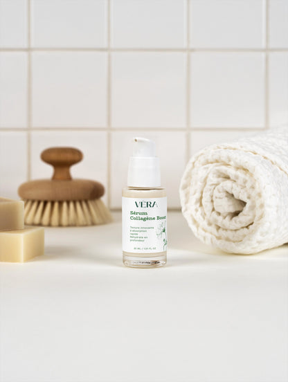 Sérum collagène boost VERA dans une routine soin visage, hydrate intensément et améliore la souplesse de la peau