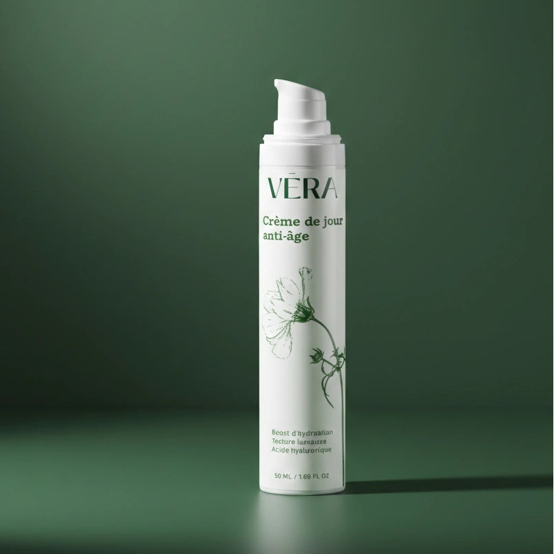Packshot de la crème de jour anti-âge VERA en flacon pompe sur fond vert