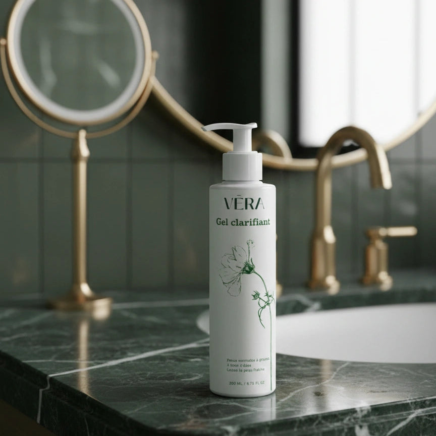 Gel clarifiant VERA posé sur un plan en marbre vert dans une salle de bain avec miroir et robinet flous en arrière-plan.