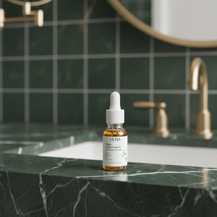 Huile nourrissante pour le visage VERA 15 ml posée sur un plan en marbre vert dans une salle de bain avec miroir et robinet flous en arrière-plan.